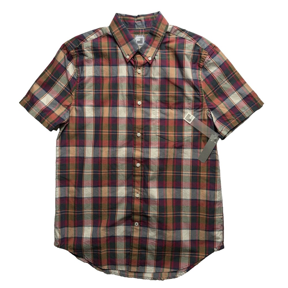 JC Penney Button Down Short Sleeve Plaid Shirt Mens Medium Cotton Red Academia